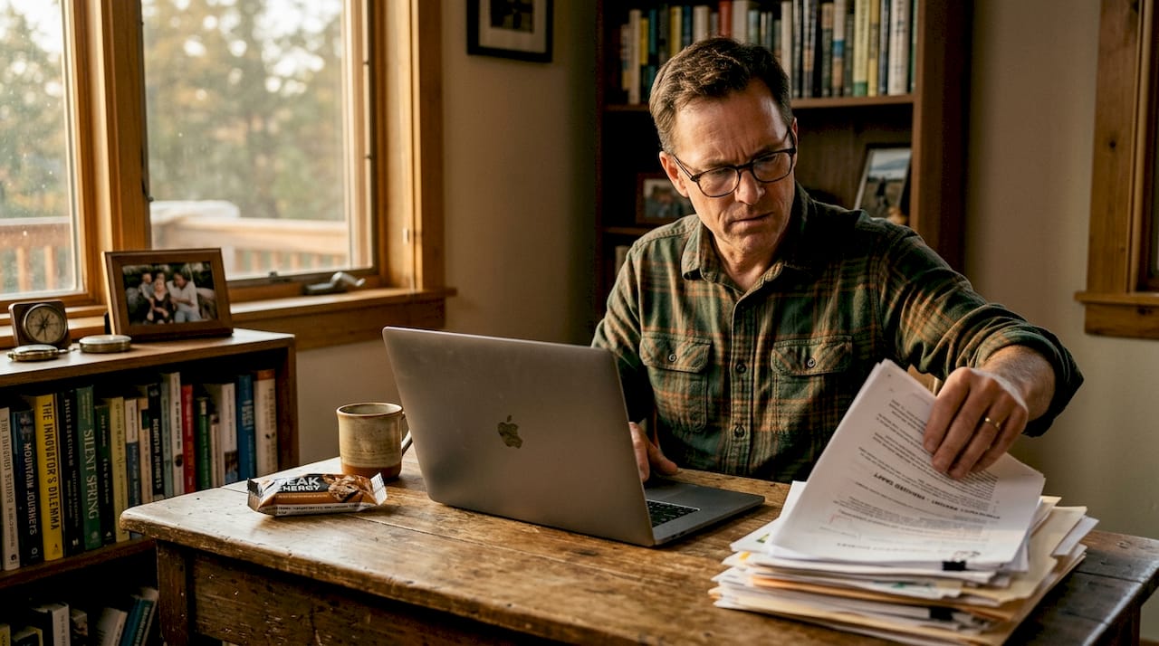 Man reviewing documents at cluttered home desk