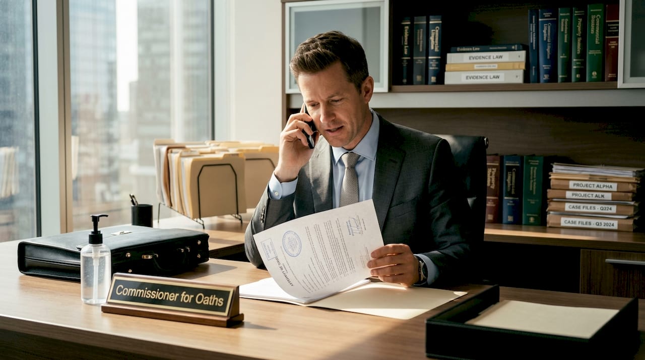 Lawyer reviewing affidavit in modest office
