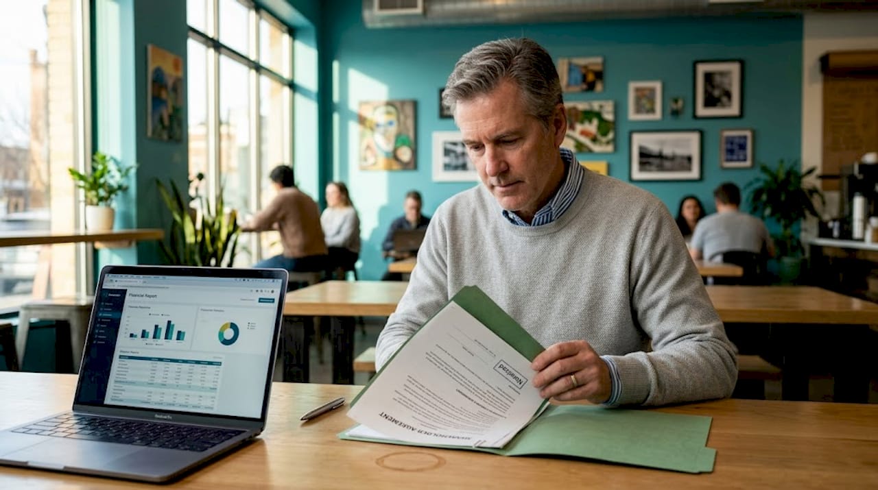 Businessman reviews notarized agreement coworking space
