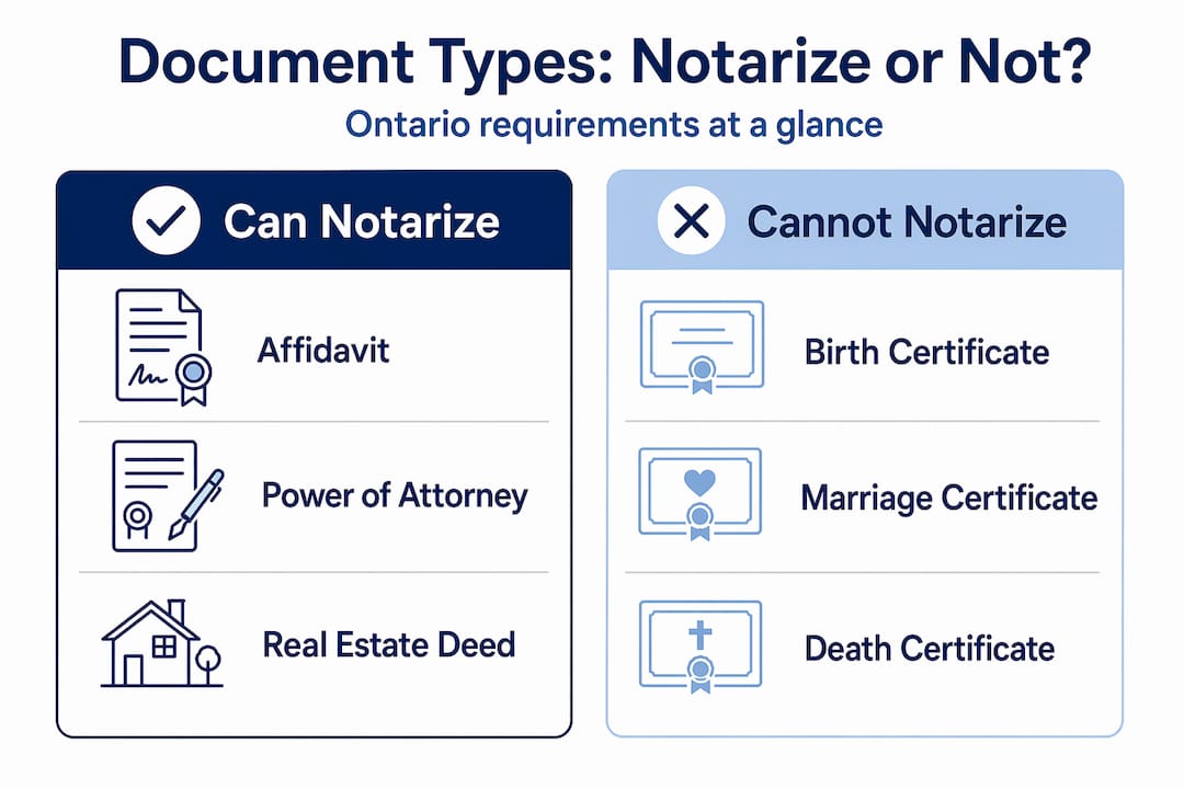 Infographic comparing notarizable and non-notarizable documents