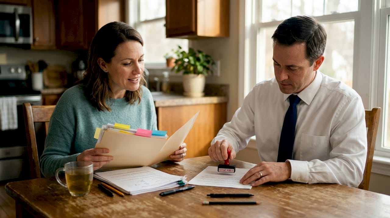 Parent and notary review school documents at kitchen table