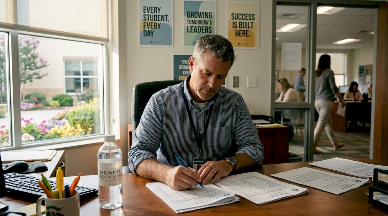 School administrator notarizing student transcripts in office