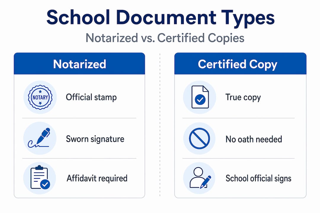 Infographic comparing notarized and certified school documents