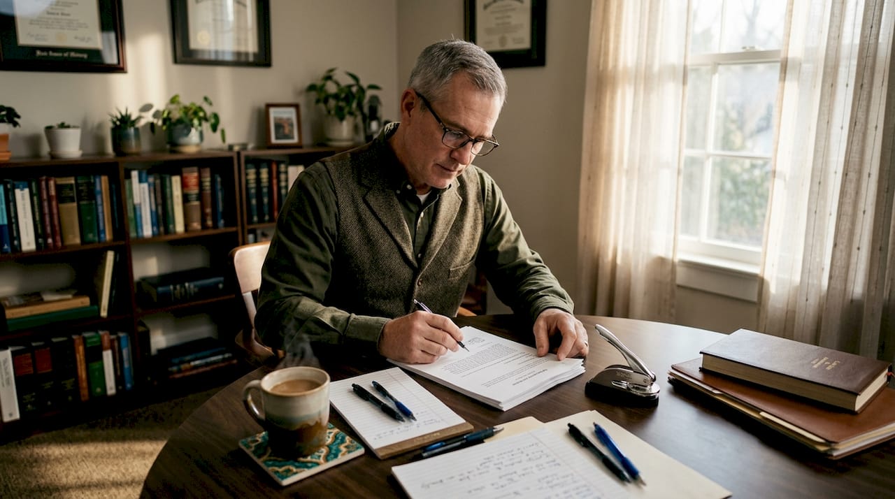 Notary reviewing certificate details at legal office table
