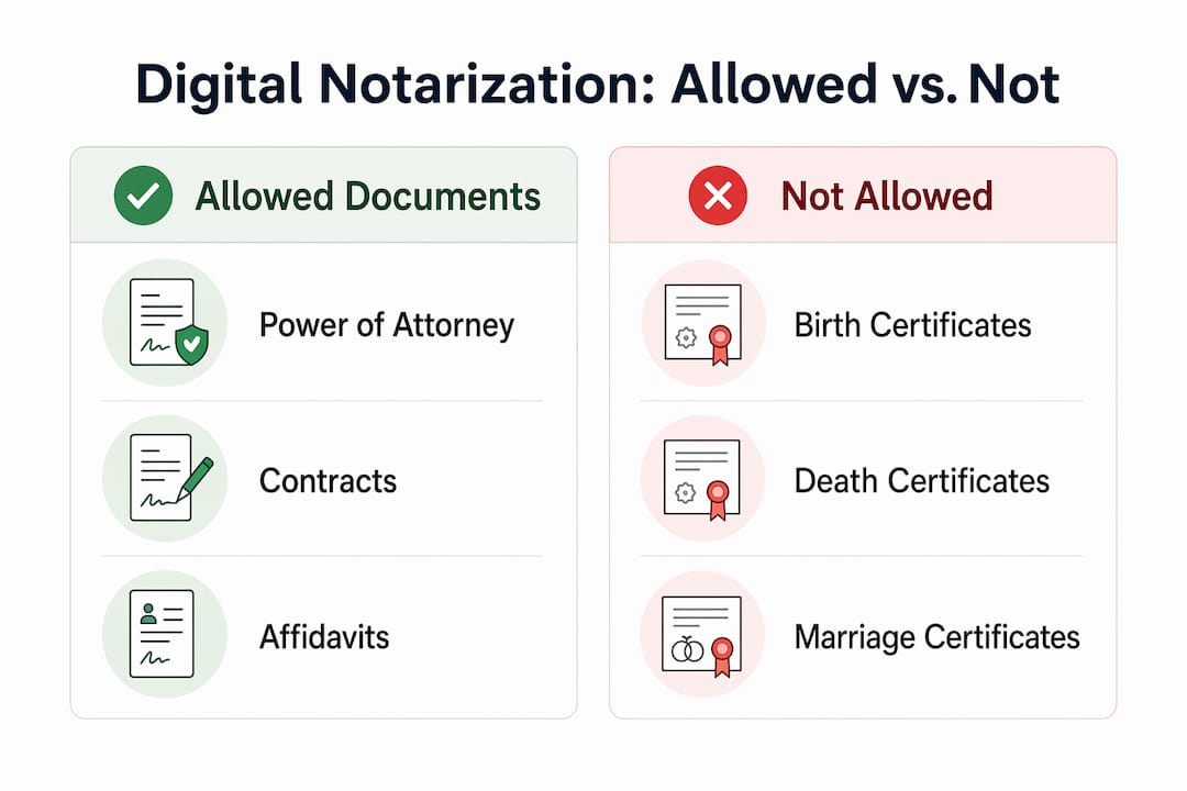 Infographic comparing documents allowed and not allowed for digital notarization