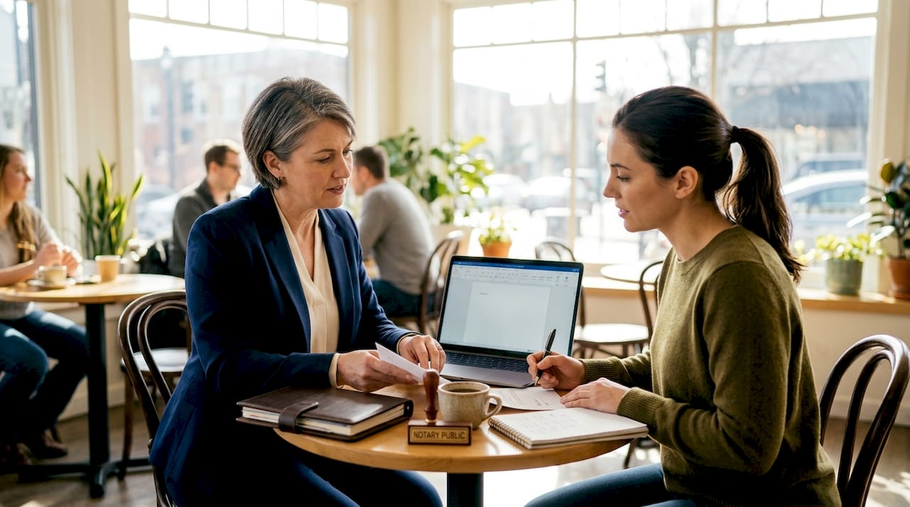Mobile notary assisting client with documents indoors