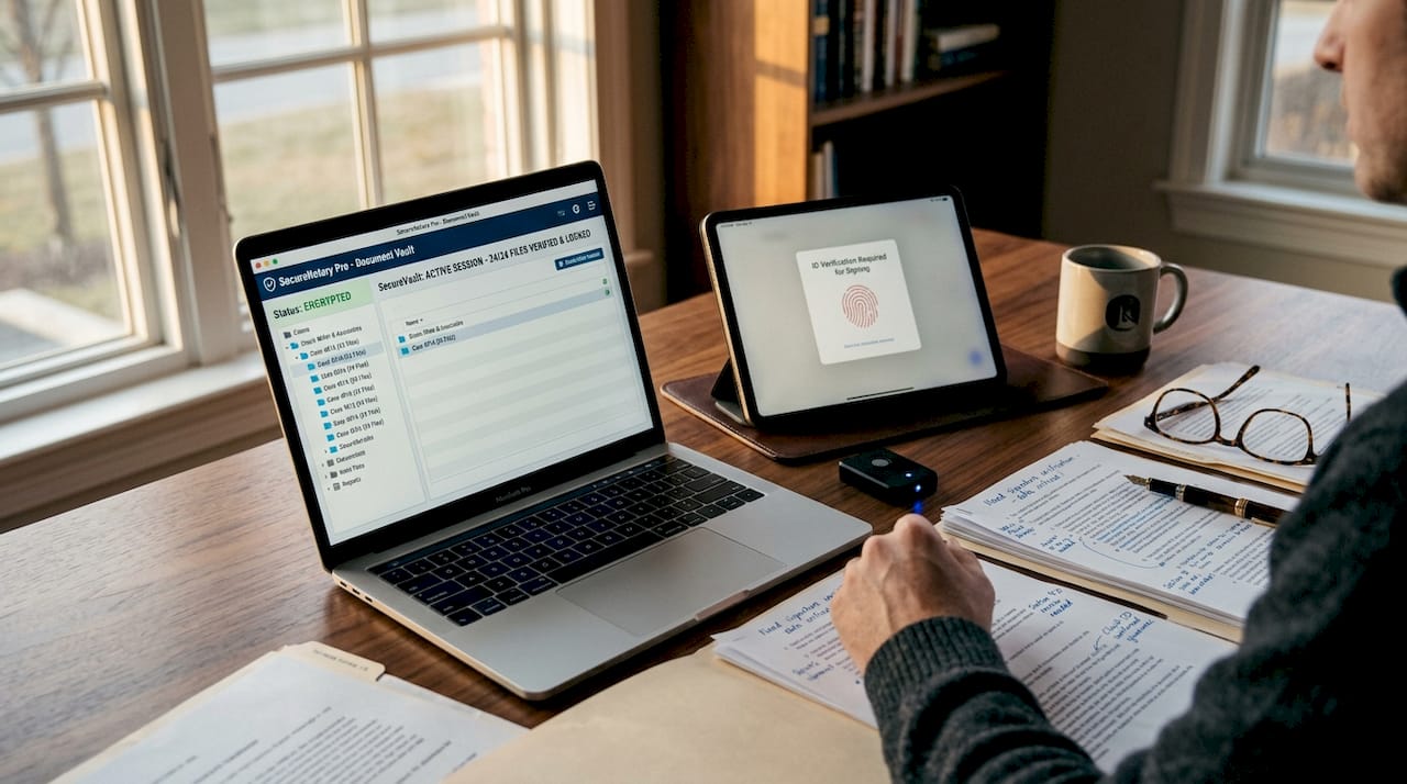 Secure digital notarization tech setup close-up