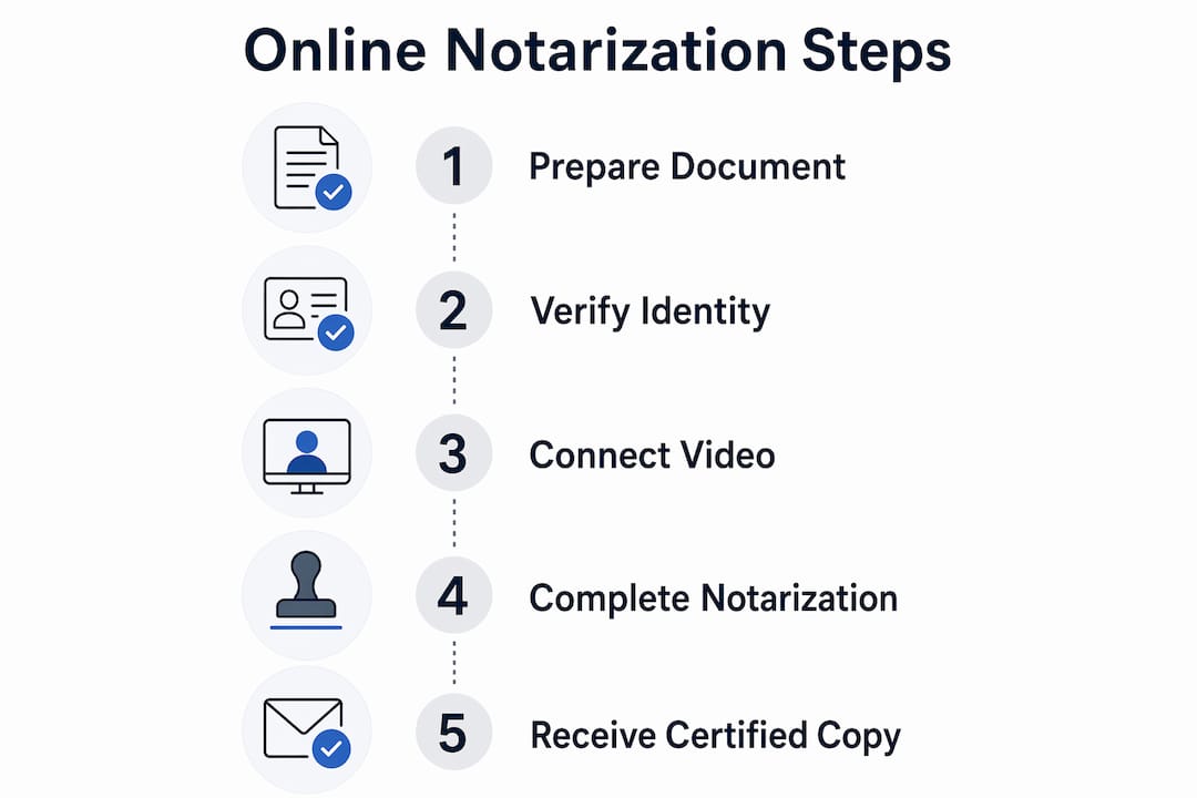 Infographic showing step-by-step online notarization process