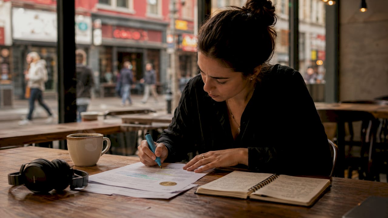 Hands holding notarized document at desk