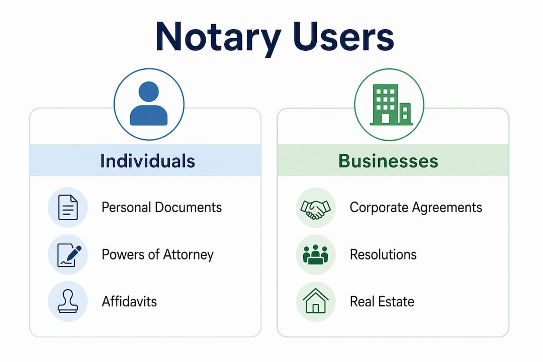 Infographic comparing individuals and businesses using notary services