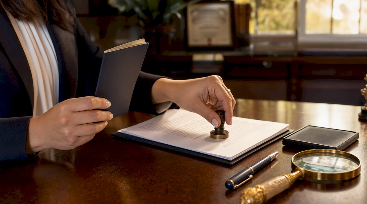 Hands notarizing immigration documents in Ontario office
