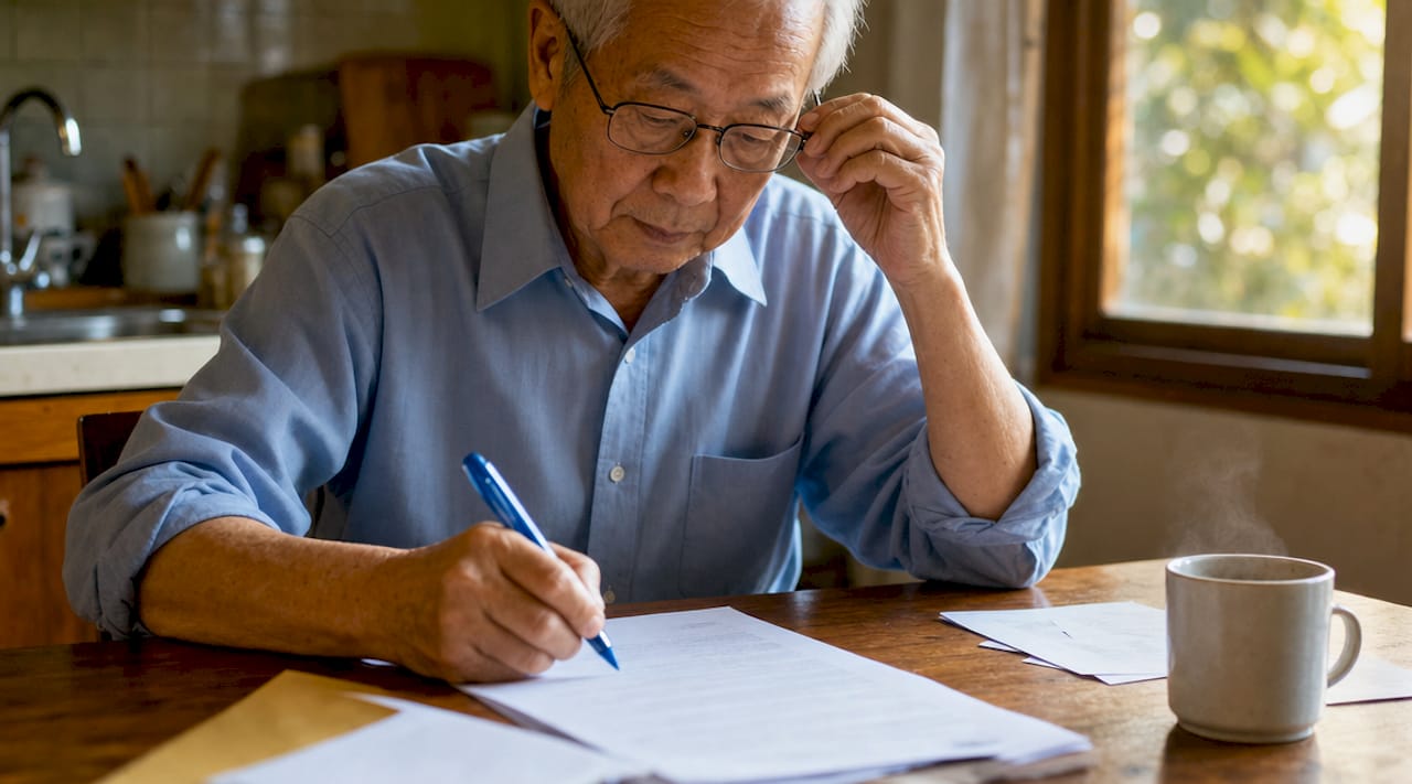 Man signing affidavit document at office desk