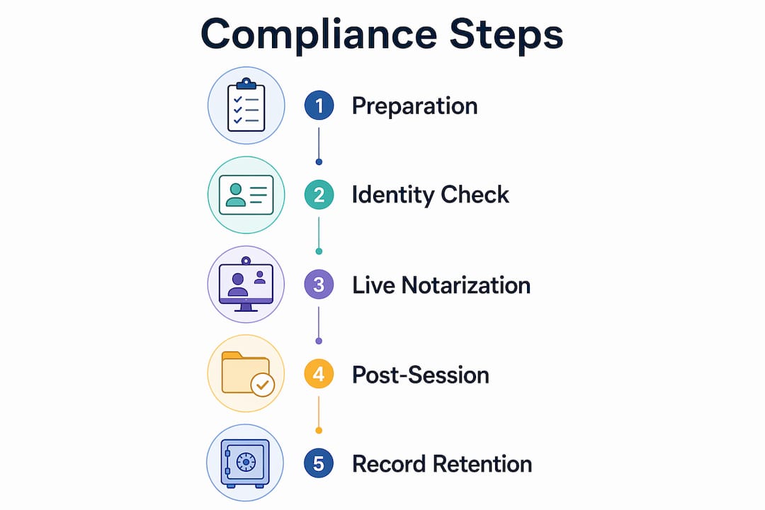Infographic illustrating online notary compliance steps in Ontario