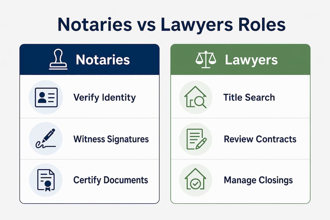 Infographic comparing roles of notaries and lawyers in Ontario real estate
