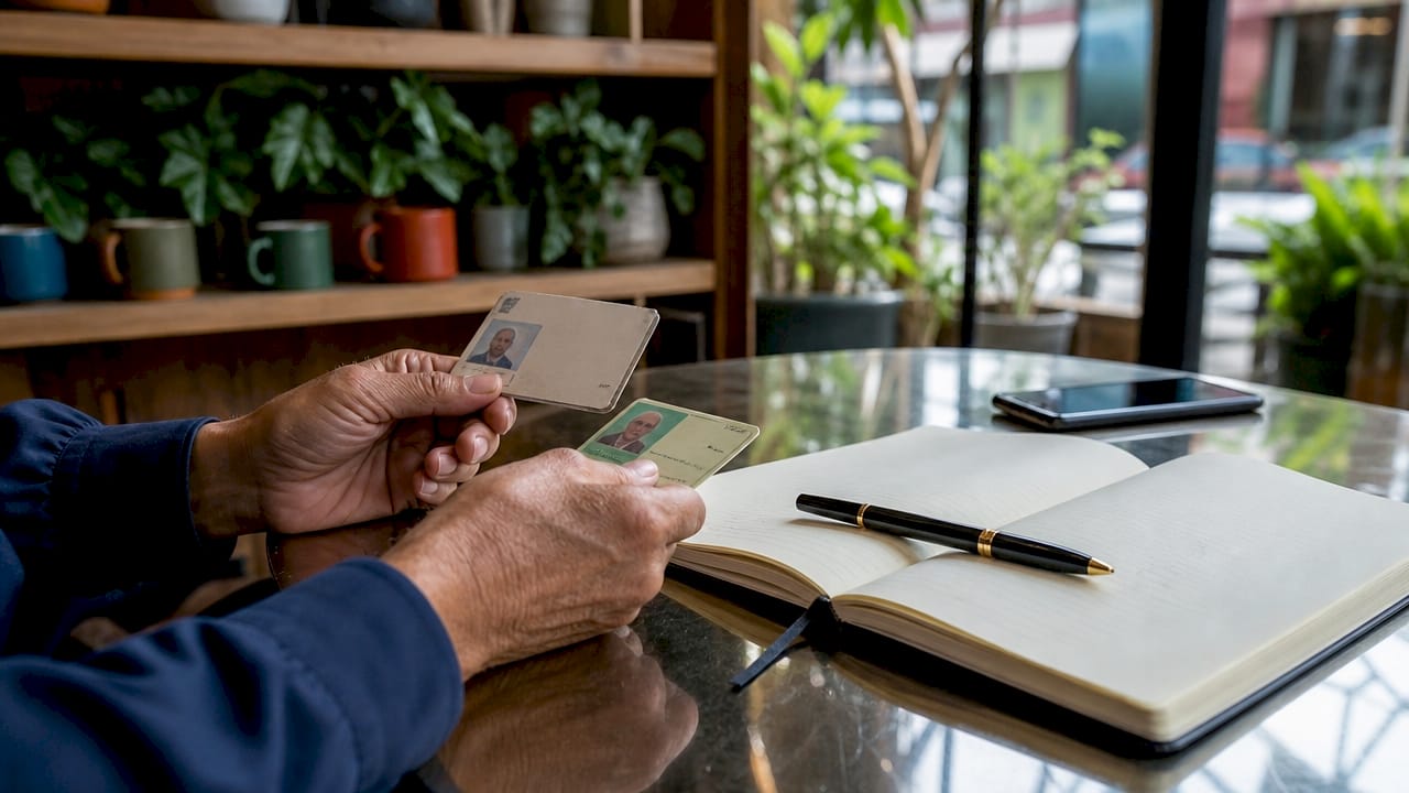 Hands holding ID cards for online notary verification