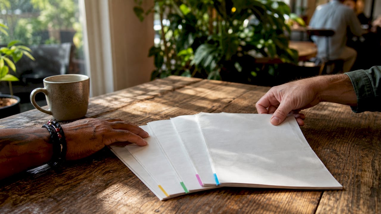 Hands sorting various notarized documents