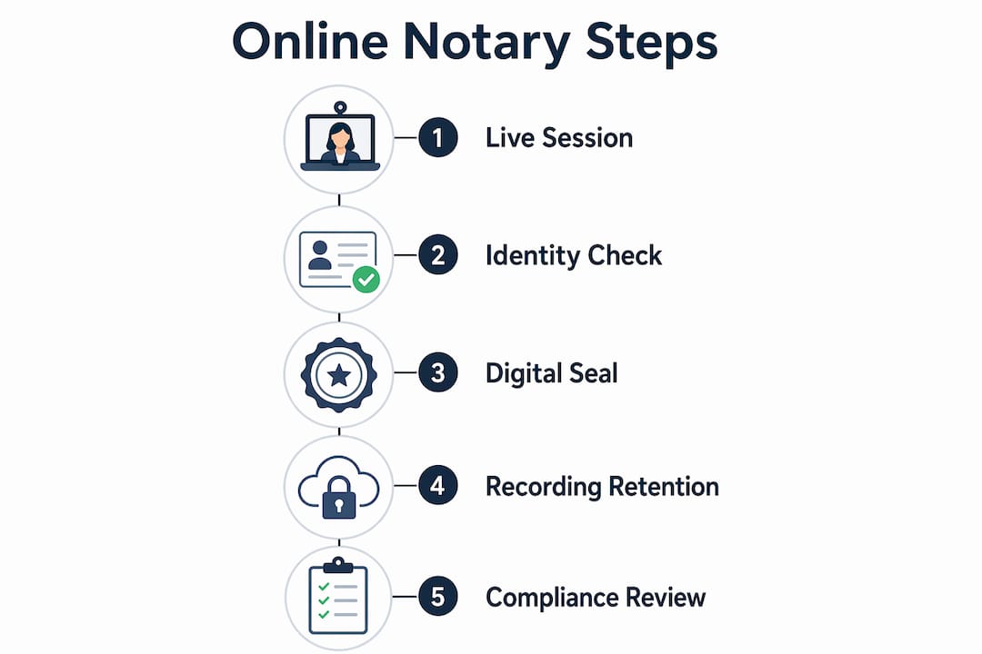 Infographic illustrating steps to complete online notarization