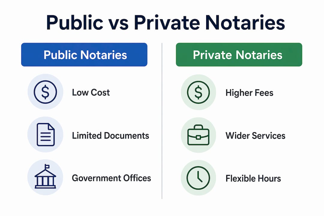 Infographic comparing public and private notaries for government documents