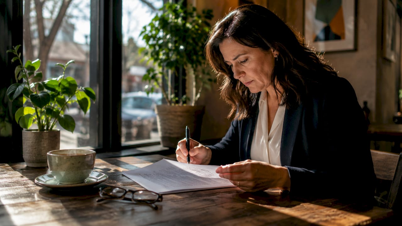 Woman reviewing affidavit document at desk
