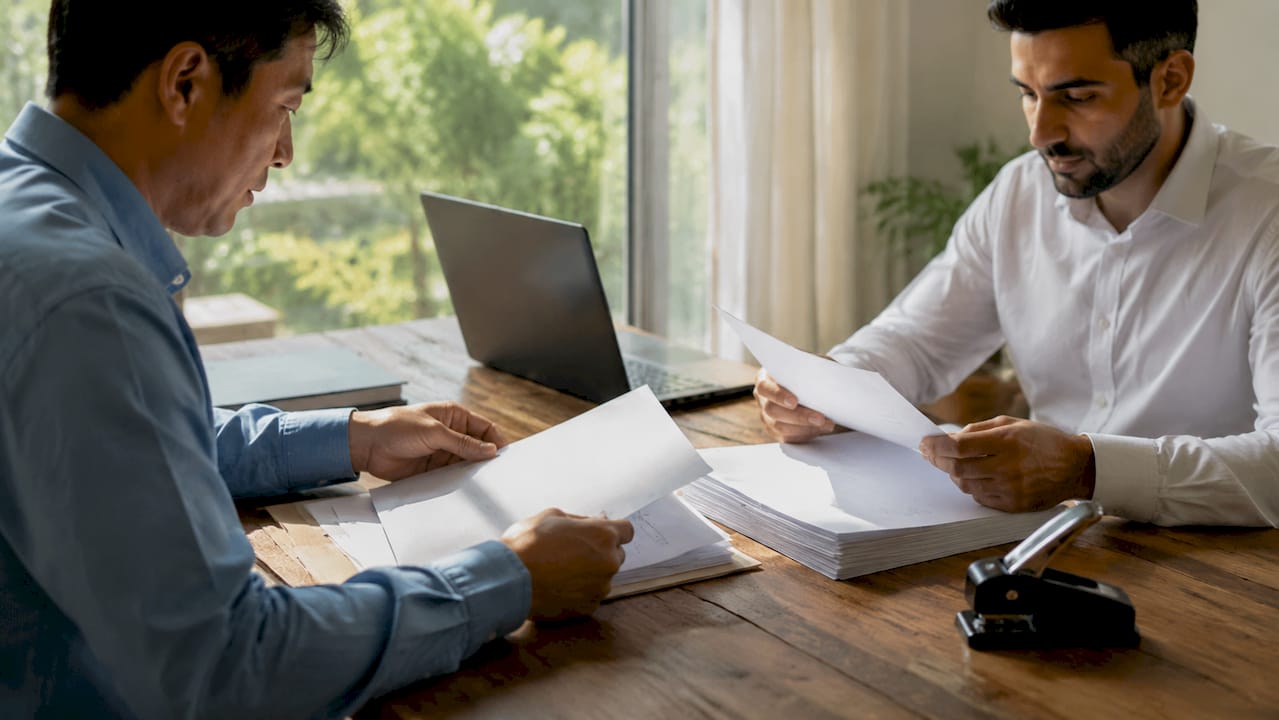 Hands preparing documents and tools for notarization