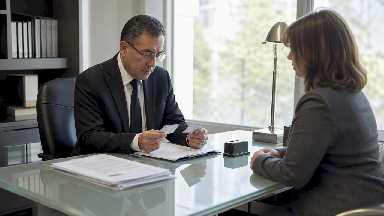 Notary public verifying identity with client
