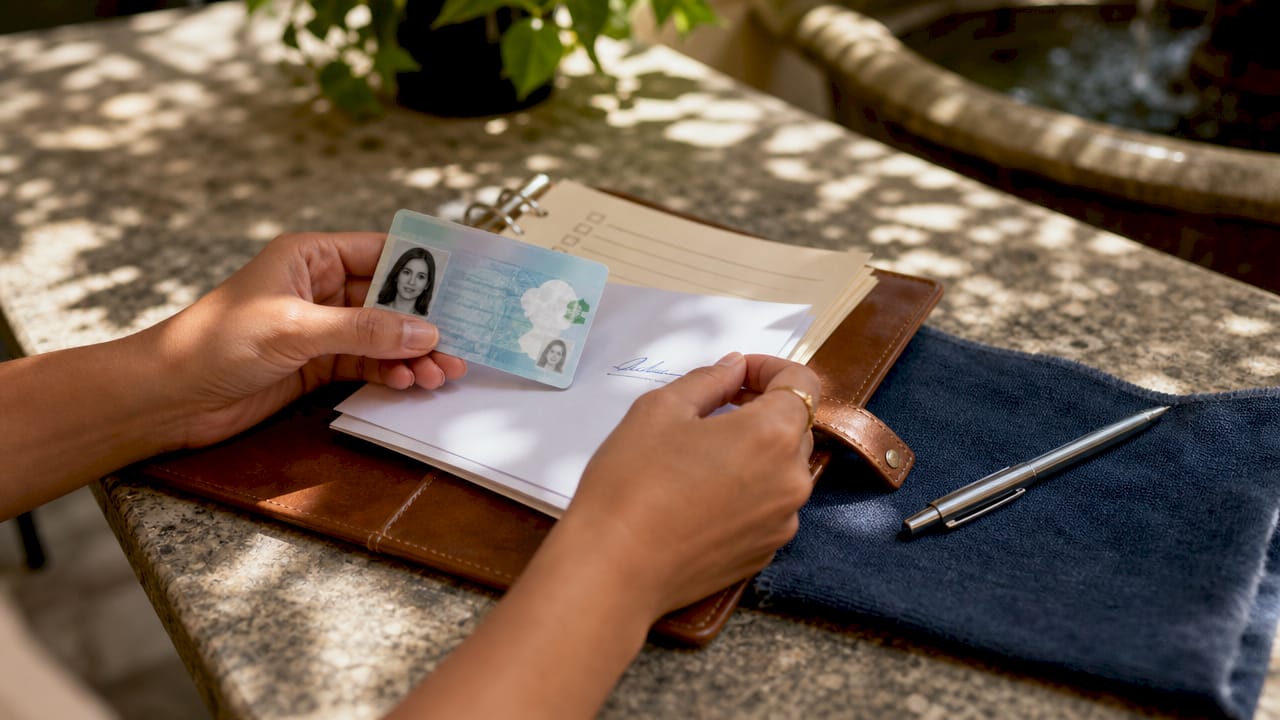 Hands comparing ID photo to signature