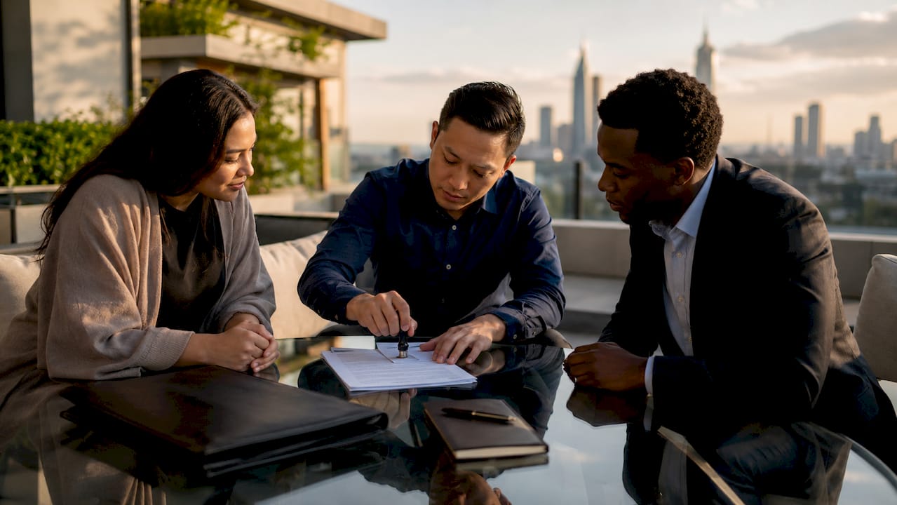 Hands stamping property deed in legal office