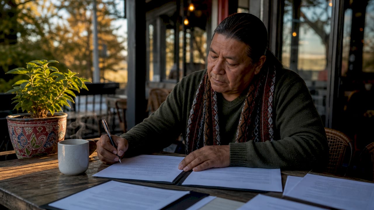 Top-down view of man signing notary documents at café