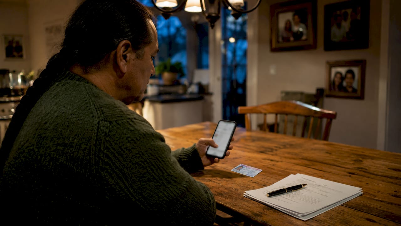 Hands holding phone showing ID verification app