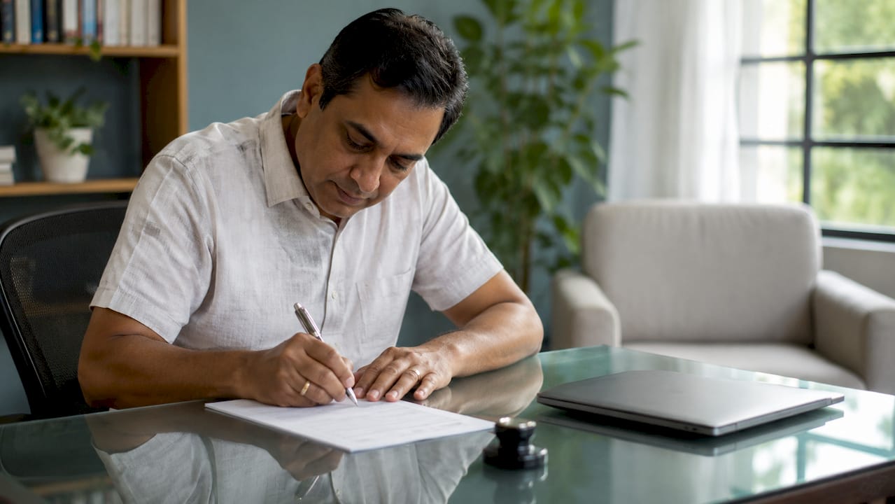 Close-up of hands signing digital document at desk