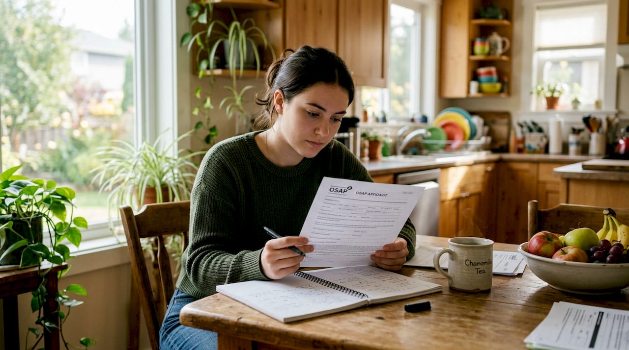 Student reviewing OSAP affidavit form at home