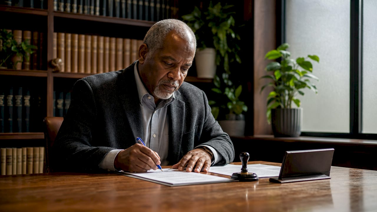 Commissioner reviewing affidavit in municipal office