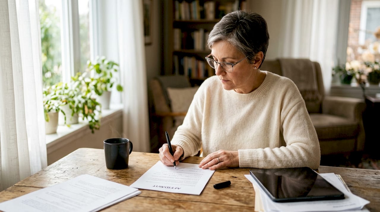 Woman signing affidavit document at home