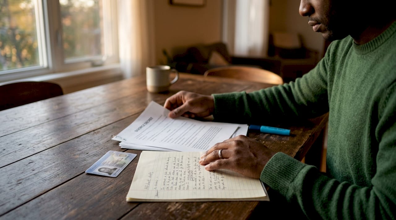 Hands organizing affidavit documents on kitchen table