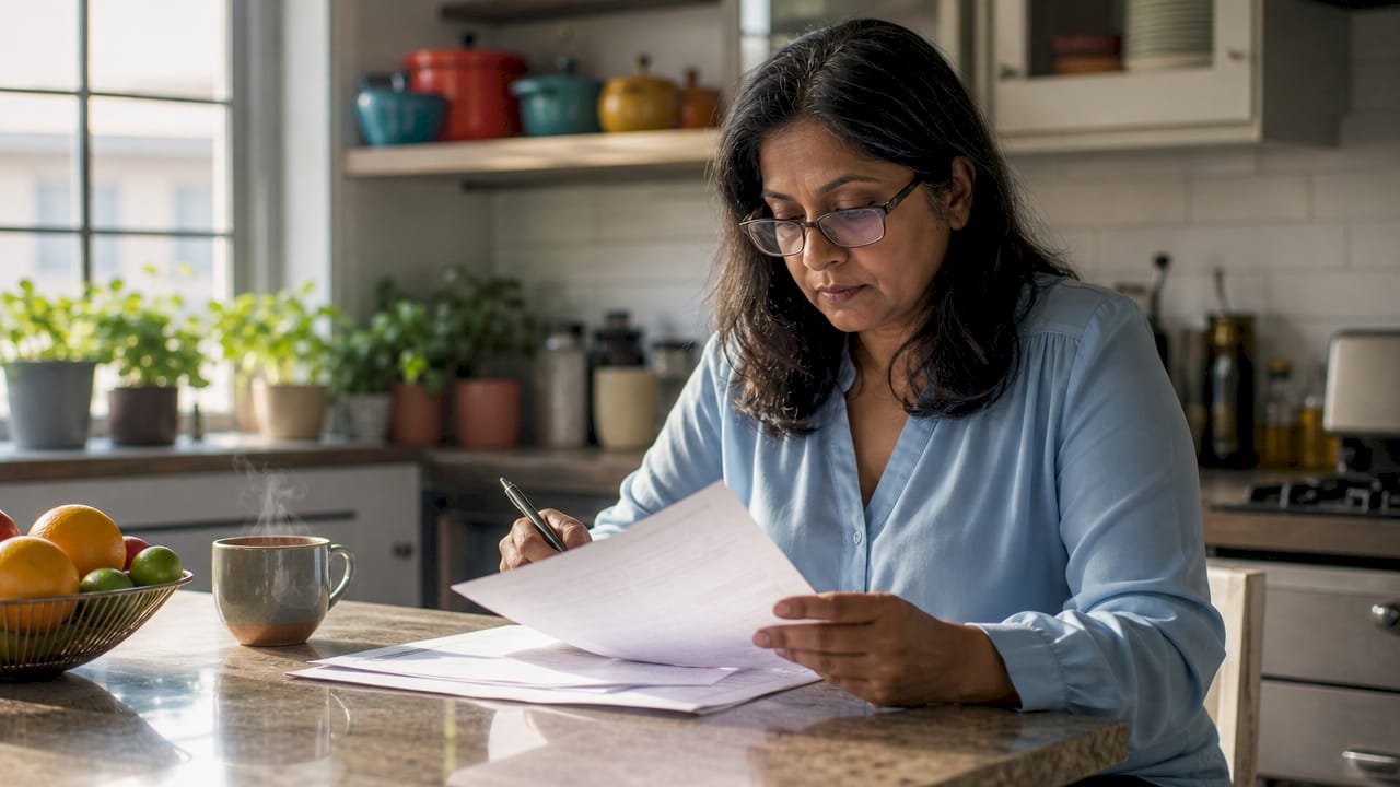 Woman reviewing affidavit documents at home office
