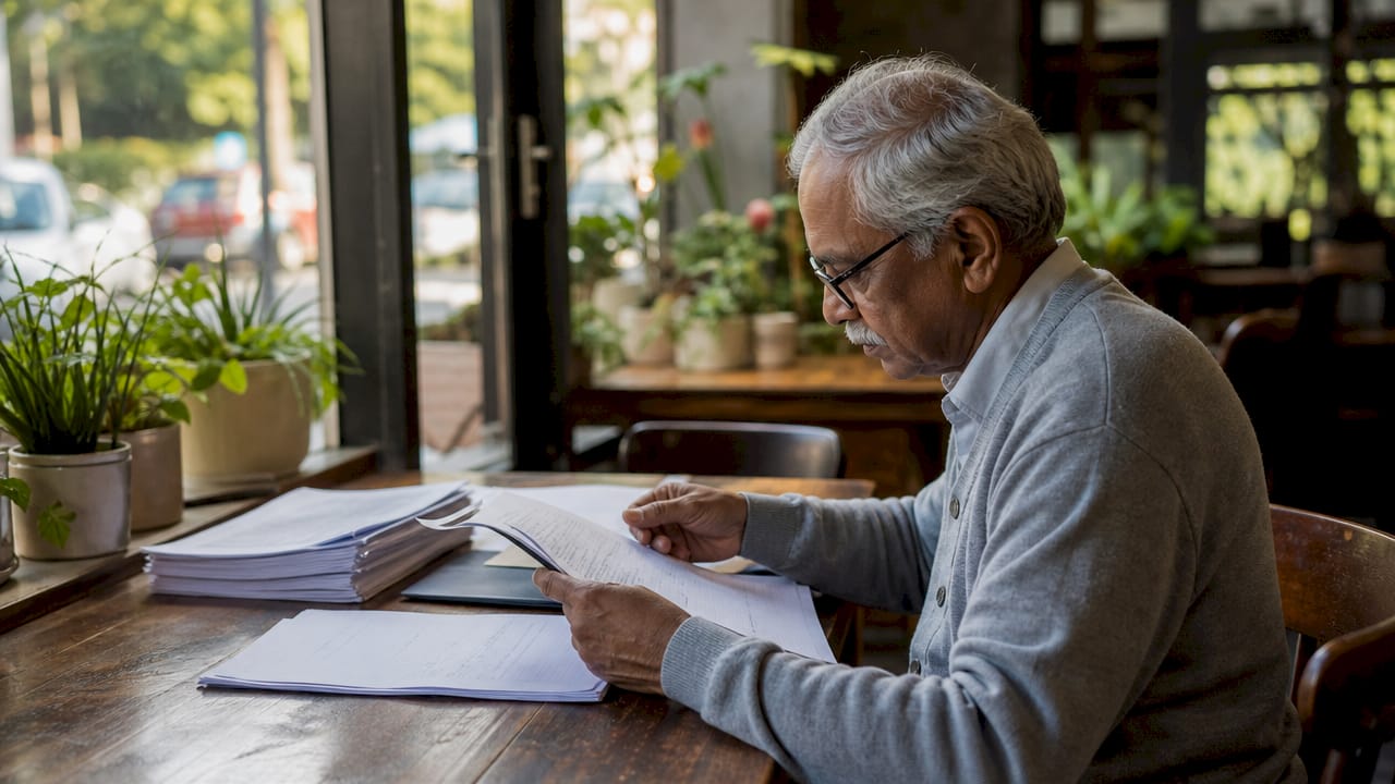 Hands organizing affidavit documents on desk