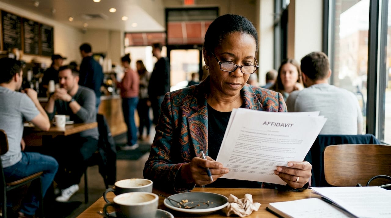 Woman preparing affidavit at kitchen table