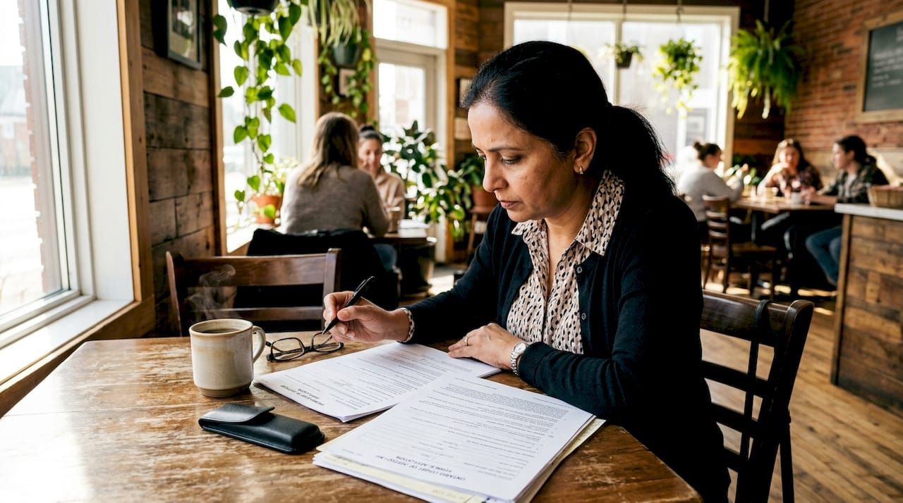 Woman reviewing printed Ontario legal forms at desk