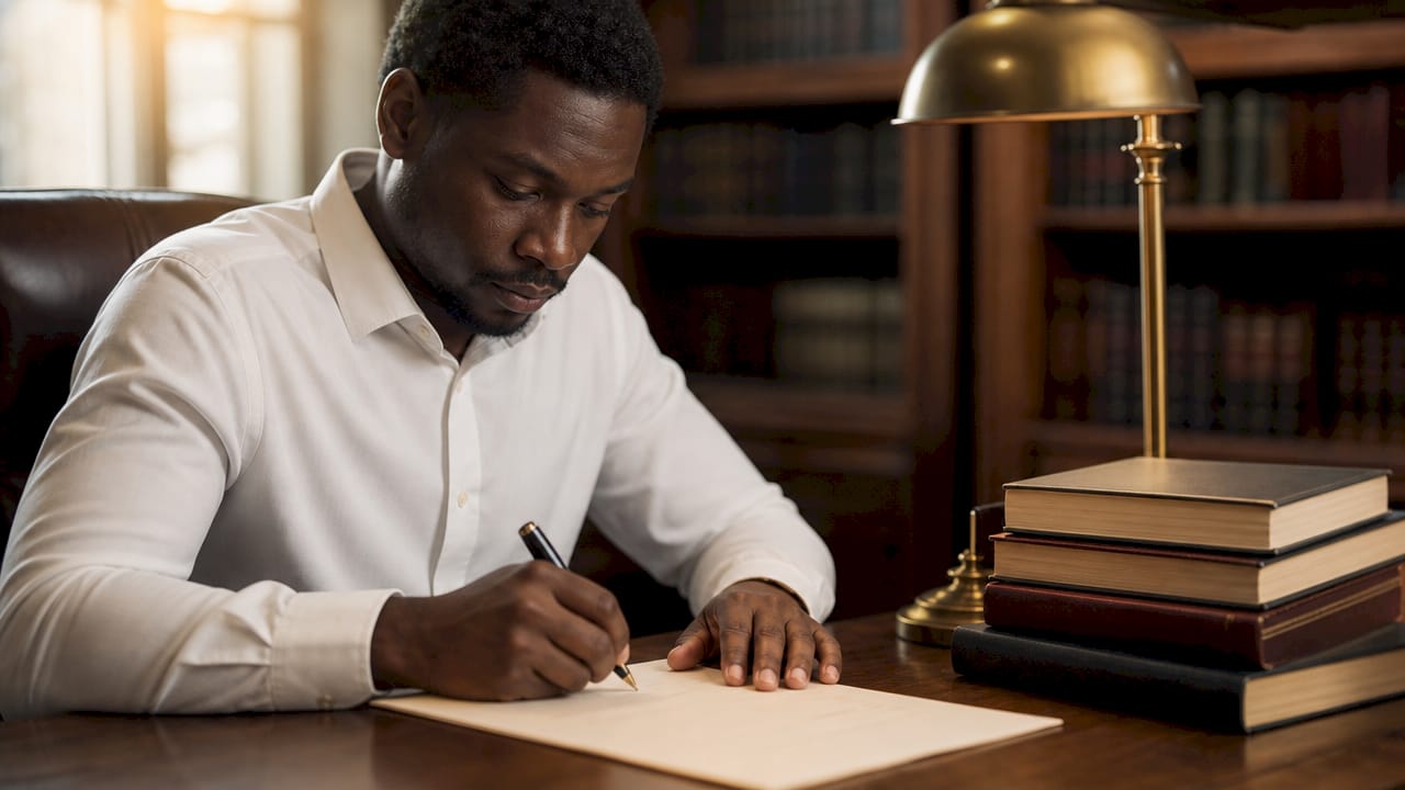 Man filling out affidavit form in office