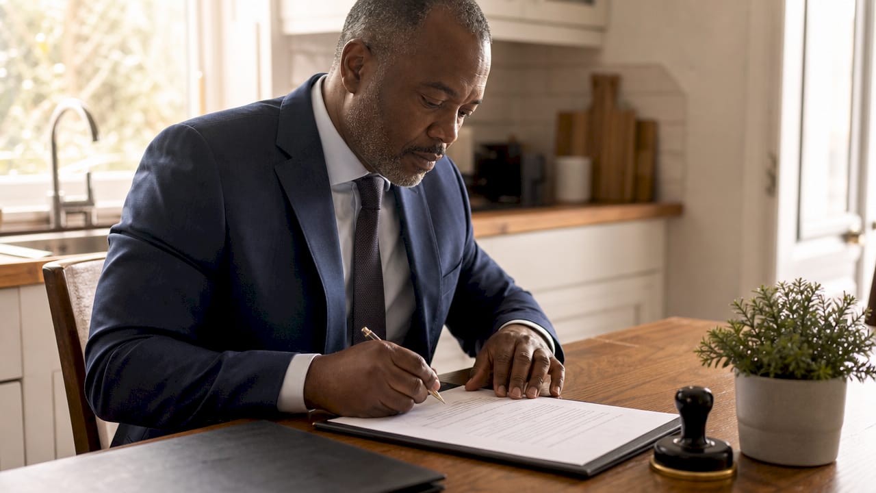 Notary public verifying affidavit form in office