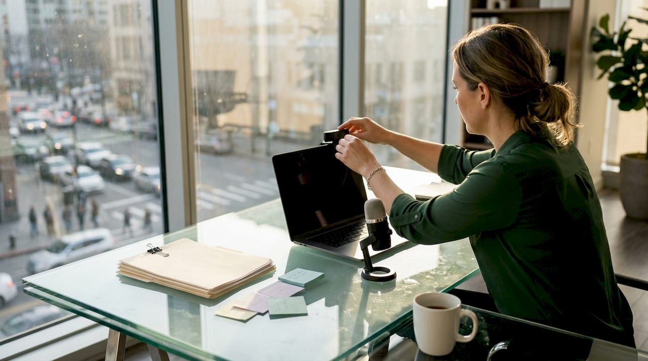 Hands adjusting webcam for remote notarization session