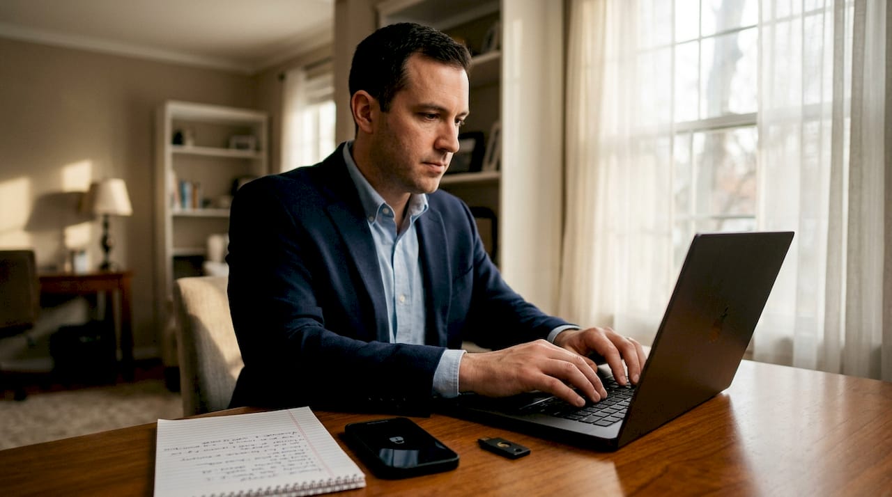 Hands operating laptop with security devices