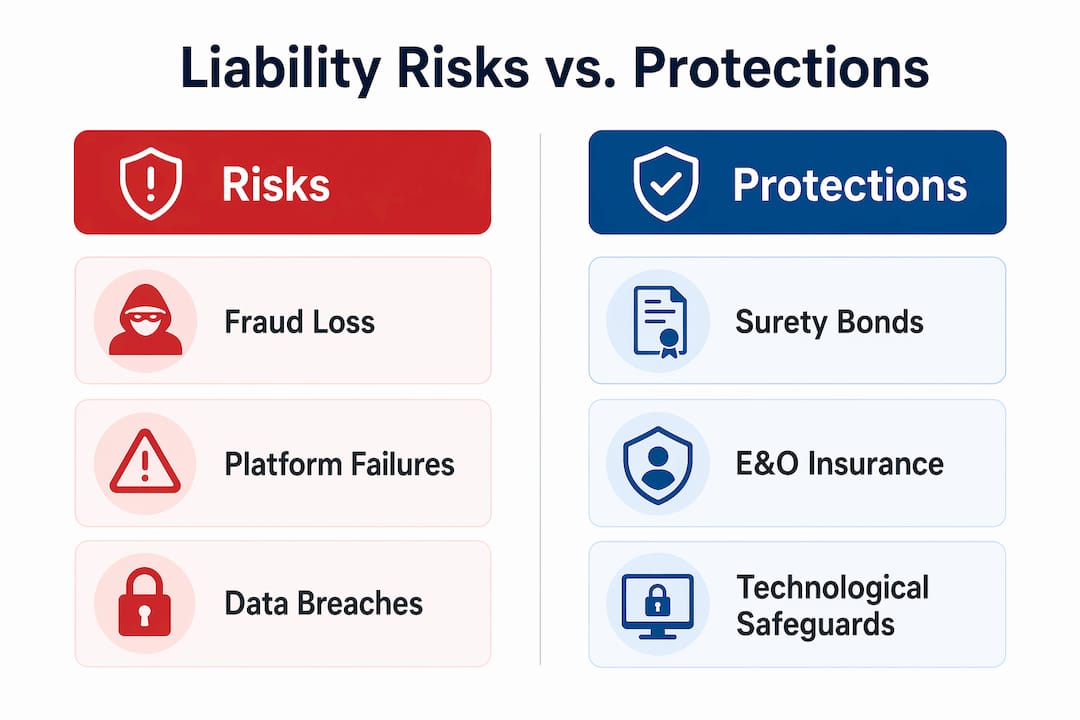 Infographic comparing online notary liability risks and protections