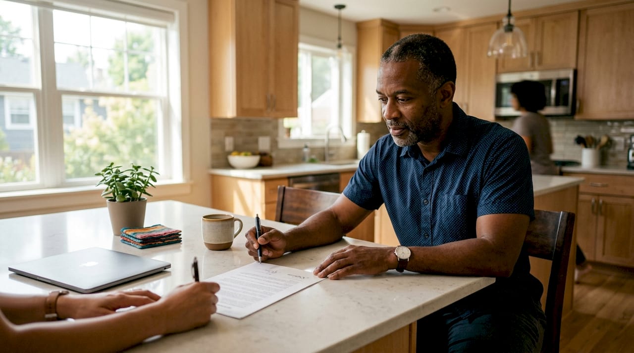 Man witnessing document signing at home