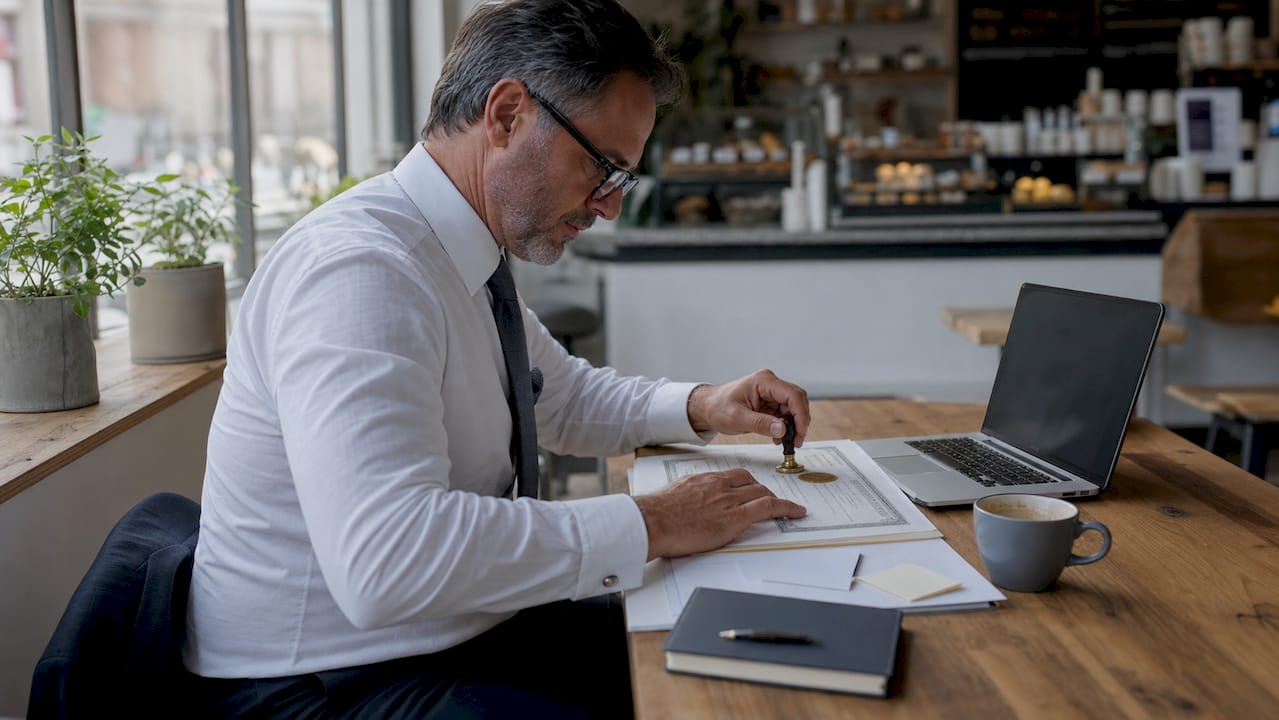 Notary stamping apostille on diploma in office