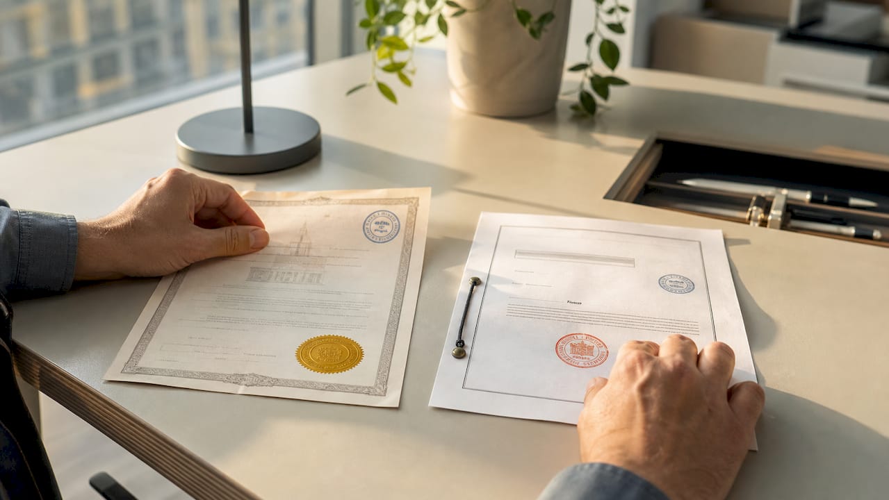 Hands holding apostille certificate over notarized document
