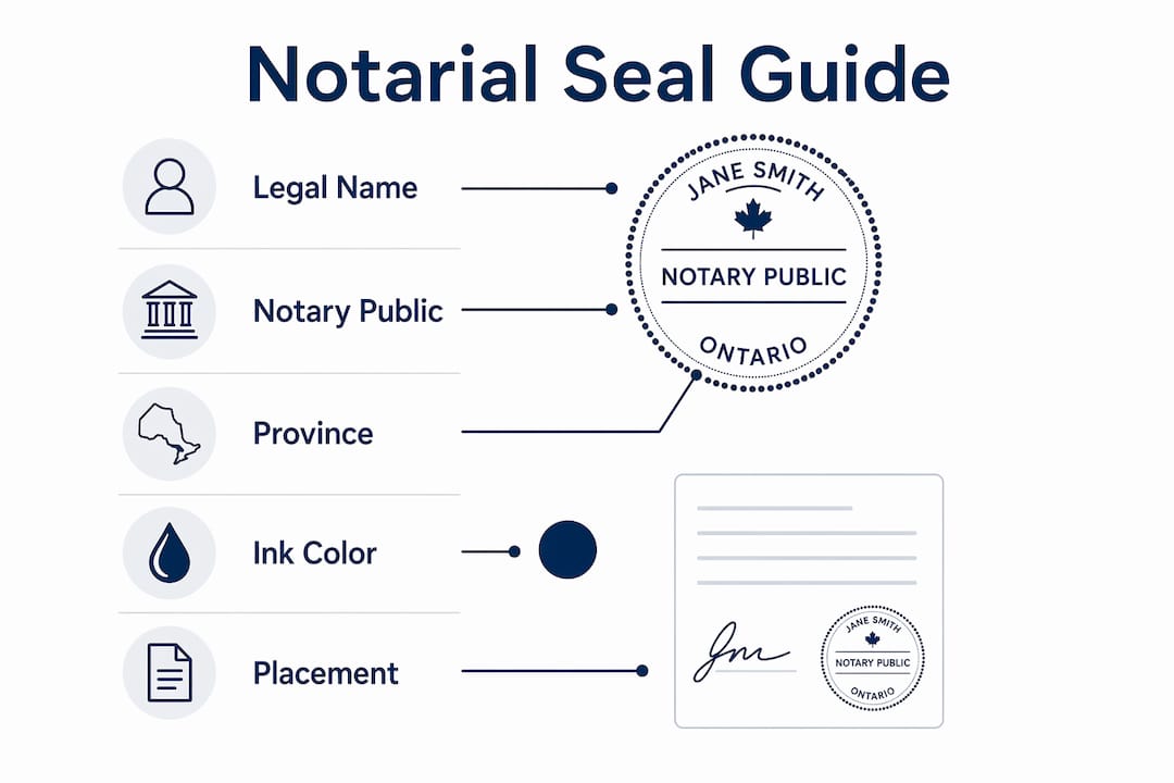 Infographic showing required elements of Ontario notarial seal