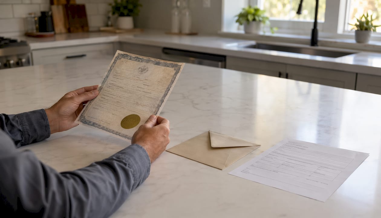Hands holding birth certificate preparing apostille documents