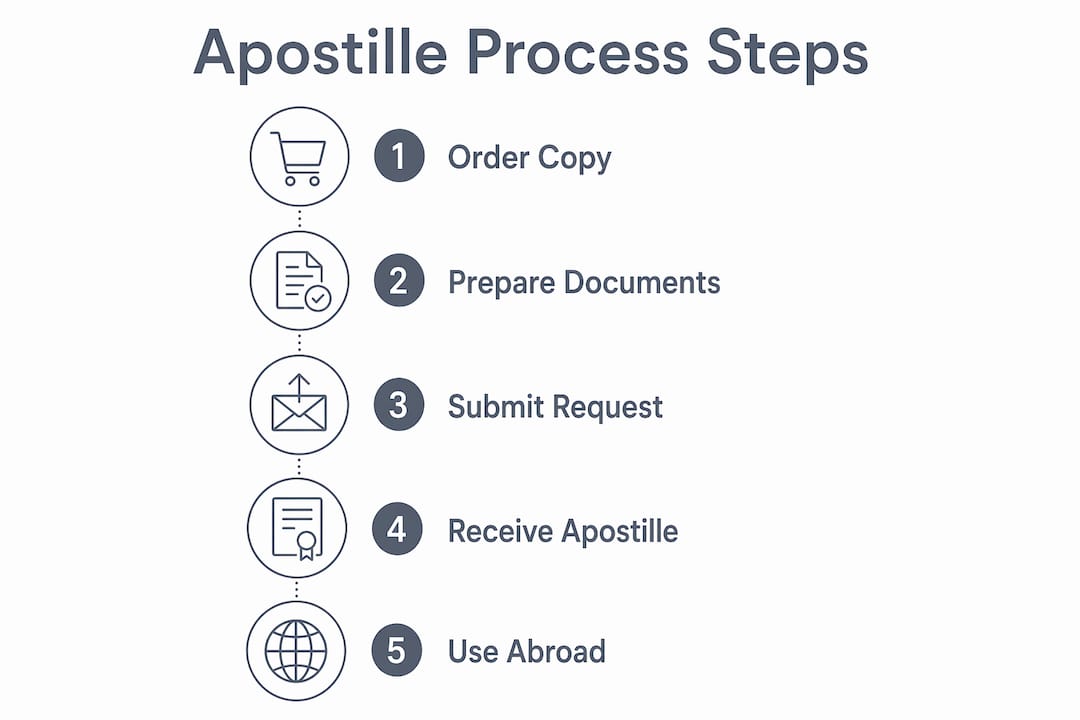 Infographic illustrating steps to apostille a birth certificate