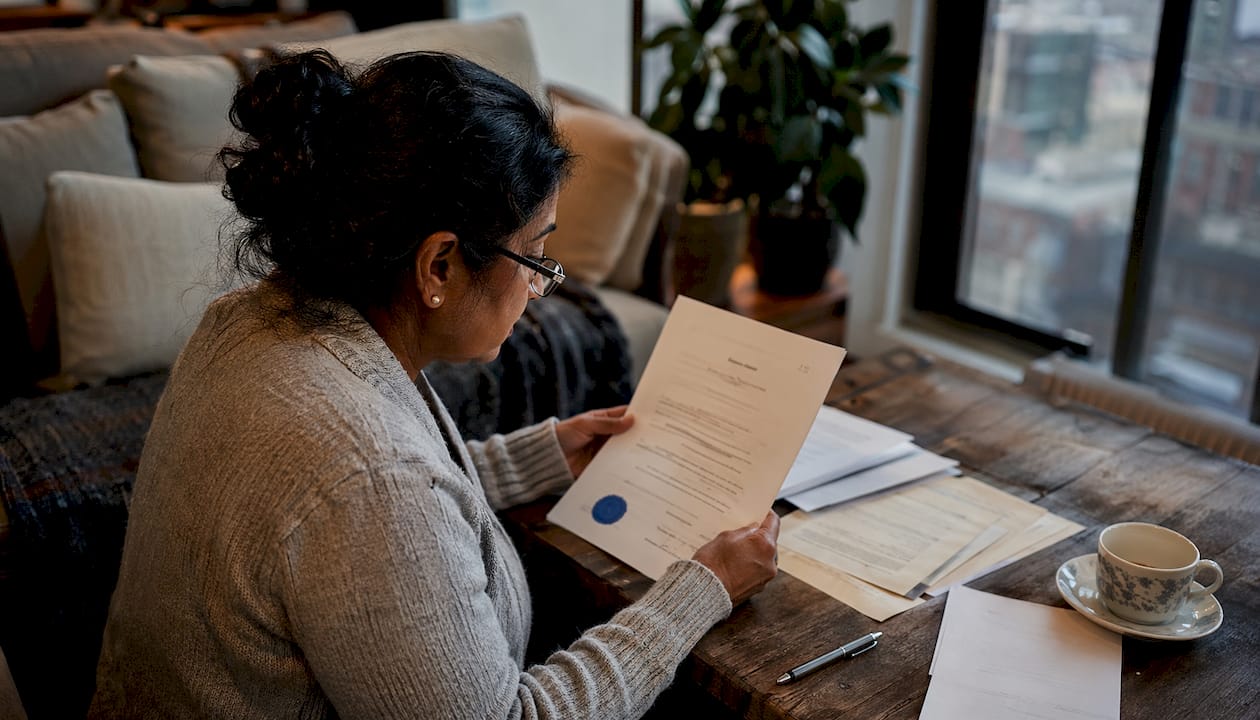 Woman reviewing notarized legal document